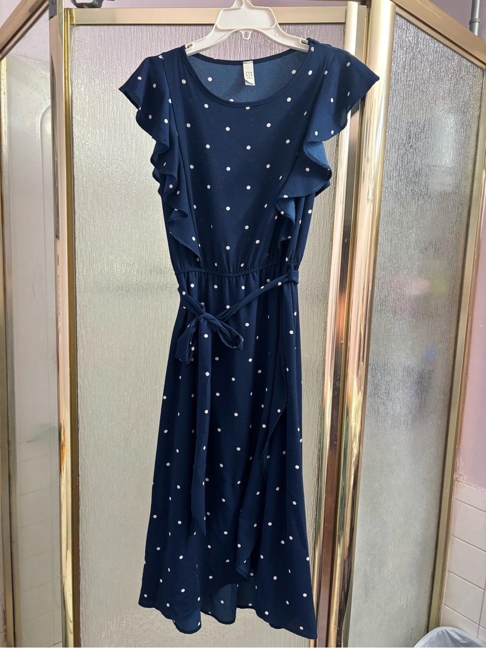 Navy Polka Dot Wrap-Around Ruffle Midi Dress with Tie Waist Size M